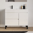 COSYNEO - Meuble de salle de bain 100cm sur pieds avec vasque déportée à gauche avec porte et tiroirs - blanc brillant - LAZARO - vignette
