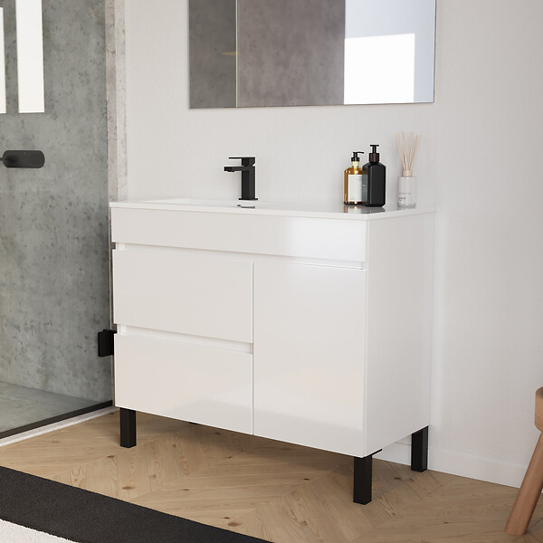 COSYNEO - Meuble de salle de bain 100cm sur pieds avec vasque déportée à gauche avec porte et tiroirs - blanc brillant - LAZARO - large