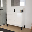 COSYNEO - Meuble de salle de bain 100cm sur pieds avec vasque déportée à gauche avec porte et tiroirs - blanc brillant - LAZARO - vignette