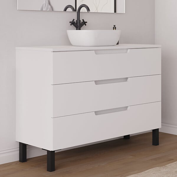 COSYNEO - Meuble de salle de bain 120cm avec plateau et vasque à poser arrondie - 3 tiroirs - sans miroir - blanc mat - RIZA - large