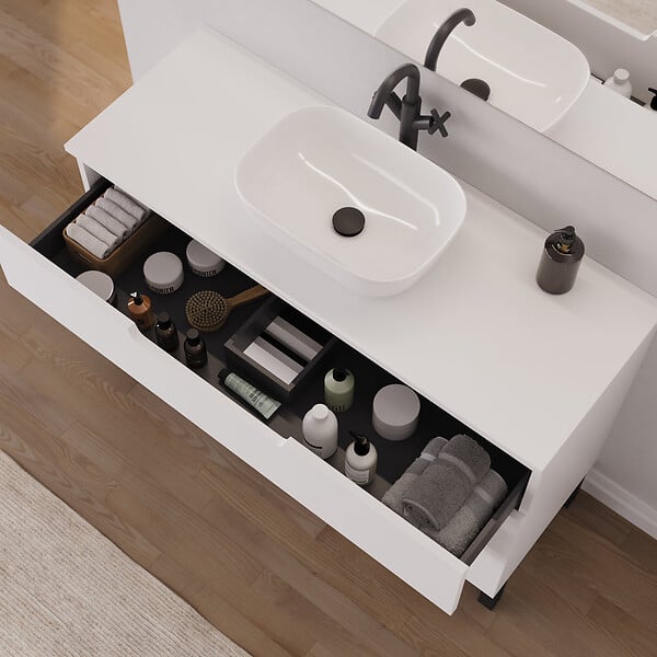 COSYNEO - Meuble de salle de bain 120cm avec plateau et vasque à poser arrondie - 3 tiroirs - sans miroir - blanc mat - RIZA - large