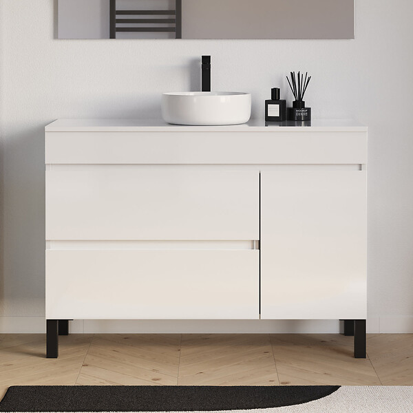 COSYNEO - Meuble de salle de bain 120cm avec plateau et vasque à poser ronde - porte et tiroirs - blanc brillant - LAZARO - large