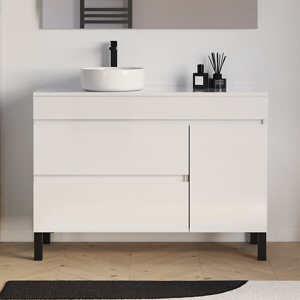 COSYNEO - Meuble de salle de bain 120cm avec plateau et vasque à poser ronde - porte et tiroirs - blanc brillant - LAZARO - large