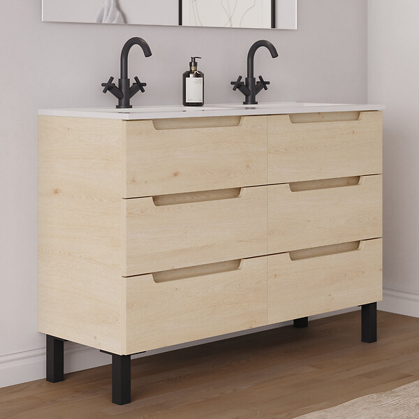 COSYNEO - Meuble de salle de bain 120cm double vasque - 6 tiroirs - roble calima (bois clair) - RIZA - large
