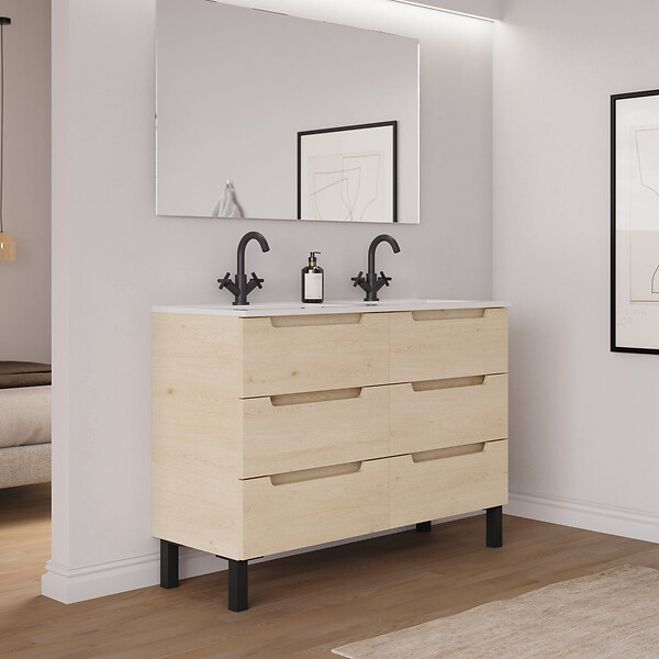 COSYNEO - Meuble de salle de bain 120cm double vasque - 6 tiroirs - roble calima (bois clair) - RIZA - large