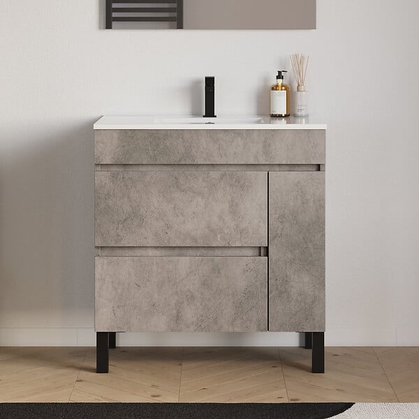 COSYNEO - Meuble de salle de bain 70cm simple vasque sur pieds avec porte et tiroirs - ciment (gris) - LAZARO - large