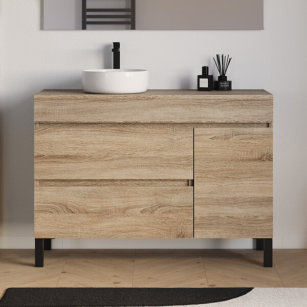 COSYNEO - Meuble de salle de bain 120cm avec plateau et vasque à poser ronde - porte et tiroirs - sans miroir - cambrian (chêne clair) - LAZARO - large