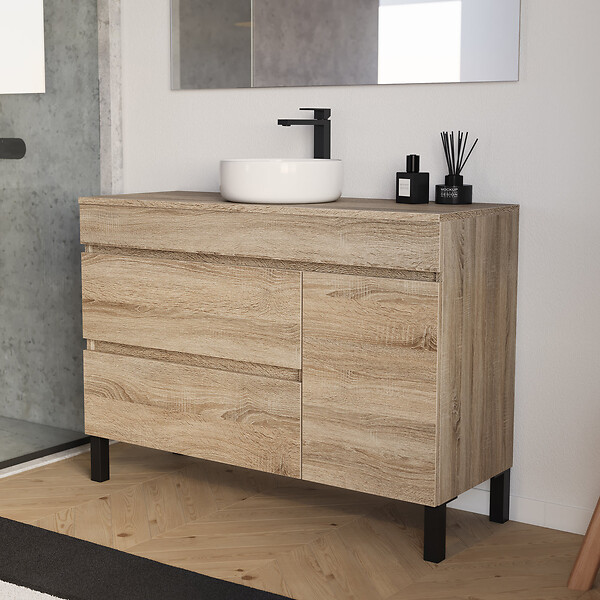 COSYNEO - Meuble de salle de bain 120cm avec plateau et vasque à poser ronde - porte et tiroirs - sans miroir - cambrian (chêne clair) - LAZARO - large