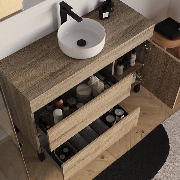 COSYNEO - Meuble de salle de bain 120cm avec plateau et vasque à poser ronde - porte et tiroirs - sans miroir - cambrian (chêne clair) - LAZARO - large