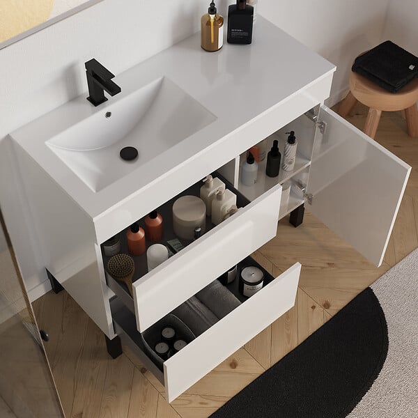 COSYNEO - Meuble de salle de bain 100cm sur pieds avec vasque déportée à gauche - sans miroir - porte et tiroirs - blanc brillant - LAZARO - large