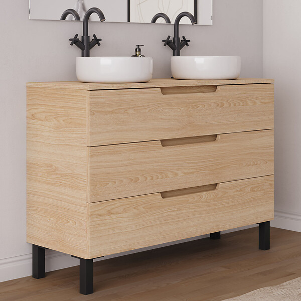 COSYNEO - Meuble de salle de bain 120cm avec plateau et 2 vasques à poser rondes - 3 tiroirs - sans miroir - roble era (chêne clair) - RIZA - large