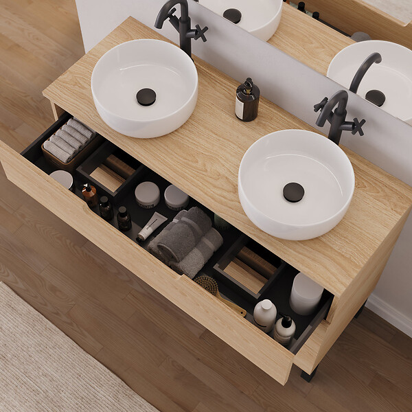 COSYNEO - Meuble de salle de bain 120cm avec plateau et 2 vasques à poser rondes - 3 tiroirs - sans miroir - roble era (chêne clair) - RIZA - large