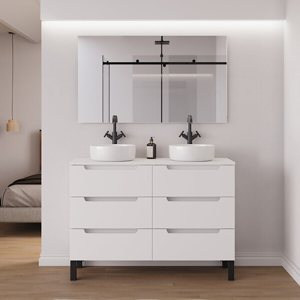 COSYNEO - Meuble de salle de bain 140cm avec plateau et 2 vasques à poser rondes - 6 tiroirs - blanc mat - RIZA - large
