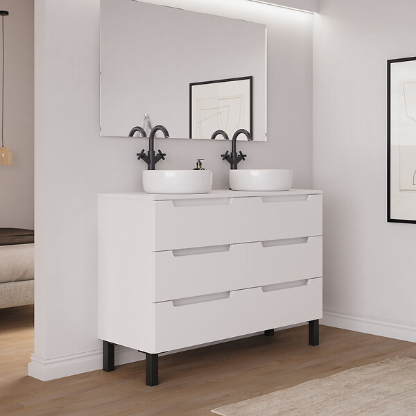 COSYNEO - Meuble de salle de bain 140cm avec plateau et 2 vasques à poser rondes - 6 tiroirs - blanc mat - RIZA - large