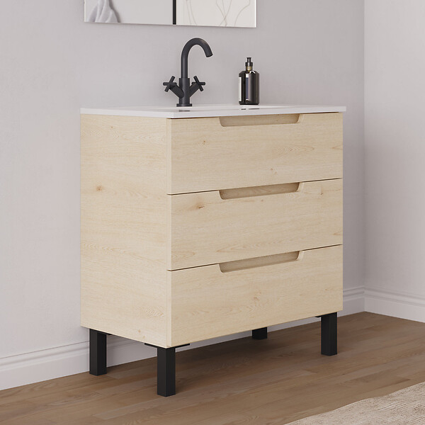 COSYNEO - Meuble de salle de bain 60cm simple vasque - sans miroir - 3 tiroirs - roble calima (bois clair) - RIZA - large