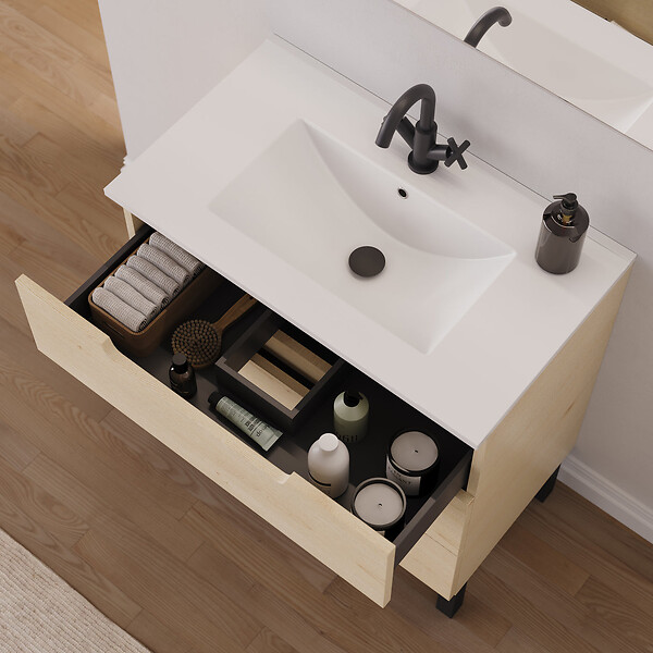 COSYNEO - Meuble de salle de bain 60cm simple vasque - sans miroir - 3 tiroirs - roble calima (bois clair) - RIZA - large
