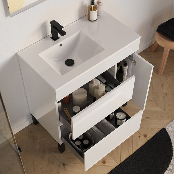 COSYNEO - Meuble de salle de bain 80cm sur pieds avec vasque déportée à gauche - sans miroir - porte et tiroirs - blanc brillant - LAZARO - large