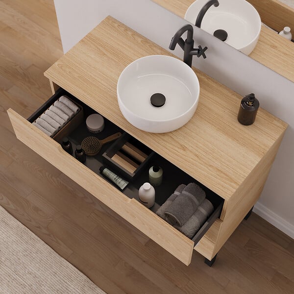 COSYNEO - Meuble de salle de bain 100cm avec plateau et vasque à poser ronde - 3 tiroirs - sans miroir - roble era (chêne clair) - RIZA - large