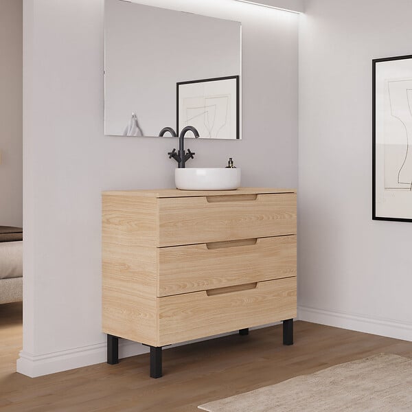 COSYNEO - Meuble de salle de bain 100cm avec plateau et vasque à poser ronde - 3 tiroirs - sans miroir - roble era (chêne clair) - RIZA - large