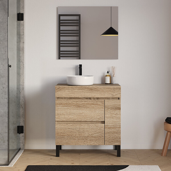COSYNEO - Meuble de salle de bain 70cm avec plateau et vasque à poser ronde - porte et tiroirs - cambrian (chêne clair) - LAZARO - large