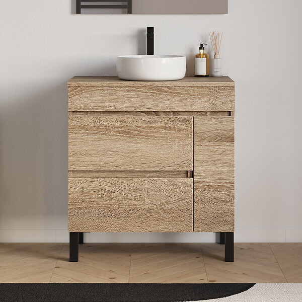 COSYNEO - Meuble de salle de bain 70cm avec plateau et vasque à poser ronde - porte et tiroirs - cambrian (chêne clair) - LAZARO - large