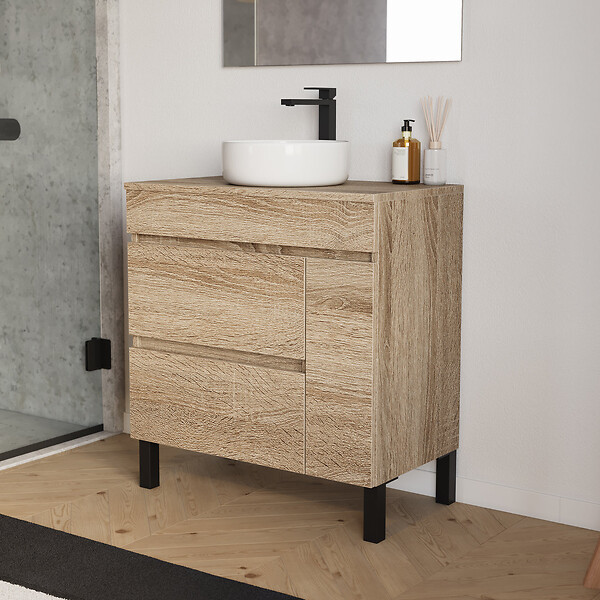 COSYNEO - Meuble de salle de bain 70cm avec plateau et vasque à poser ronde - porte et tiroirs - cambrian (chêne clair) - LAZARO - large