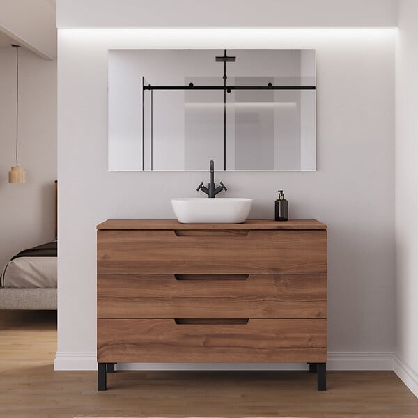 COSYNEO - Meuble de salle de bain 120cm avec plateau et vasque à poser arrondie - 3 tiroirs - sans miroir - noyer (bois foncé) - RIZA - large