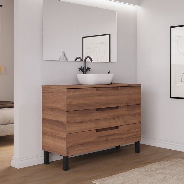 COSYNEO - Meuble de salle de bain 120cm avec plateau et vasque à poser arrondie - 3 tiroirs - sans miroir - noyer (bois foncé) - RIZA - large