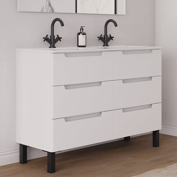 COSYNEO - Meuble de salle de bain 120cm double vasque - 6 tiroirs - sans miroir - blanc mat - RIZA - large