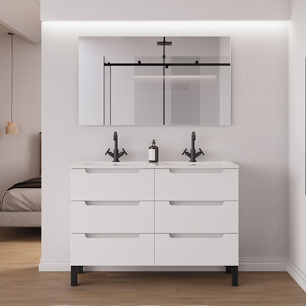 COSYNEO - Meuble de salle de bain 120cm double vasque - 6 tiroirs - sans miroir - blanc mat - RIZA - large