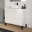 COSYNEO - Meuble de salle de bain 90cm avec plateau et vasque à poser arrondie - porte et tiroirs - sans miroir - blanc brillant - LAZARO - vignette