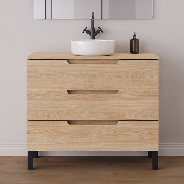 COSYNEO - Meuble de salle de bain 100cm avec plateau et vasque à poser ronde - 3 tiroirs - roble era (chêne clair) - RIZA - large
