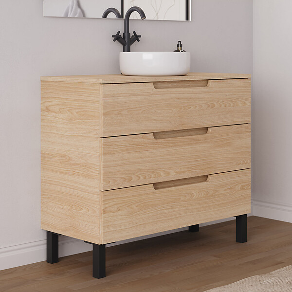COSYNEO - Meuble de salle de bain 100cm avec plateau et vasque à poser ronde - 3 tiroirs - roble era (chêne clair) - RIZA - large