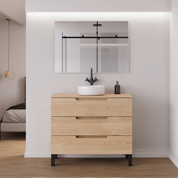 COSYNEO - Meuble de salle de bain 100cm avec plateau et vasque à poser ronde - 3 tiroirs - roble era (chêne clair) - RIZA - large