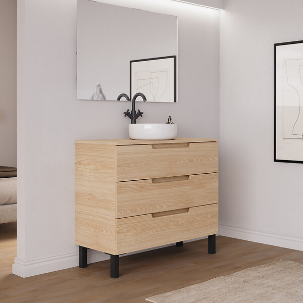 COSYNEO - Meuble de salle de bain 100cm avec plateau et vasque à poser ronde - 3 tiroirs - roble era (chêne clair) - RIZA - large