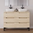 COSYNEO - Meuble de salle de bain 120cm avec plateau et 2 vasques à poser arrondies - 6 tiroirs - sans miroir - roble calima (bois clair) - RIZA - vignette