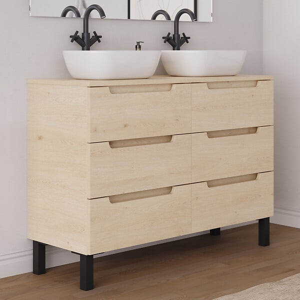 COSYNEO - Meuble de salle de bain 120cm avec plateau et 2 vasques à poser arrondies - 6 tiroirs - sans miroir - roble calima (bois clair) - RIZA - large