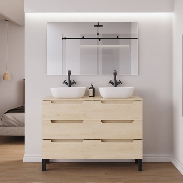 COSYNEO - Meuble de salle de bain 120cm avec plateau et 2 vasques à poser arrondies - 6 tiroirs - sans miroir - roble calima (bois clair) - RIZA - large