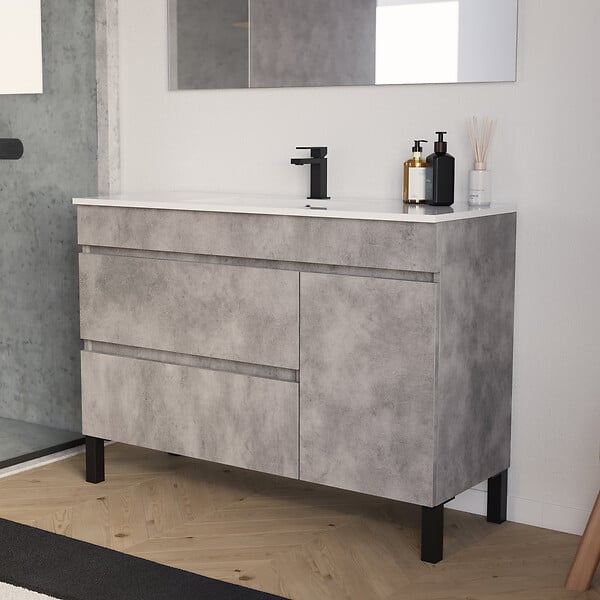 COSYNEO - Meuble de salle de bain 120cm simple vasque sur pieds avec porte et tiroirs - sans miroir - ciment (gris) - LAZARO - large