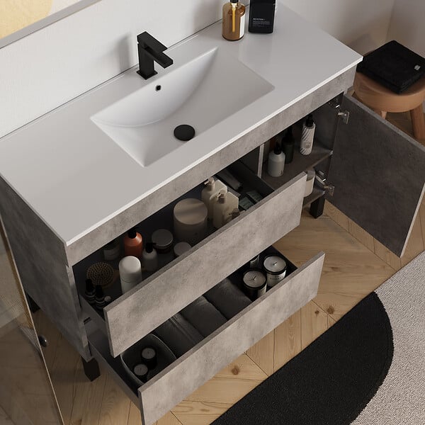 COSYNEO - Meuble de salle de bain 120cm simple vasque sur pieds avec porte et tiroirs - sans miroir - ciment (gris) - LAZARO - large