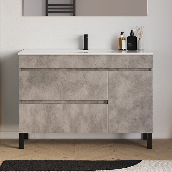 COSYNEO - Meuble de salle de bain 120cm simple vasque sur pieds avec porte et tiroirs - ciment (gris) - LAZARO - large