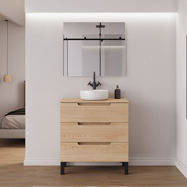 COSYNEO - Meuble de salle de bain 80cm avec plateau et vasque à poser ronde -  sans miroir - 3 tiroirs - roble era (chêne clair) - RIZA - large