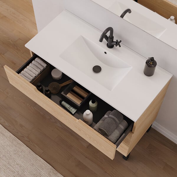 COSYNEO - Meuble de salle de bain 100cm simple vasque - 3 tiroirs - sans miroir - roble era (chêne clair) - RIZA - large