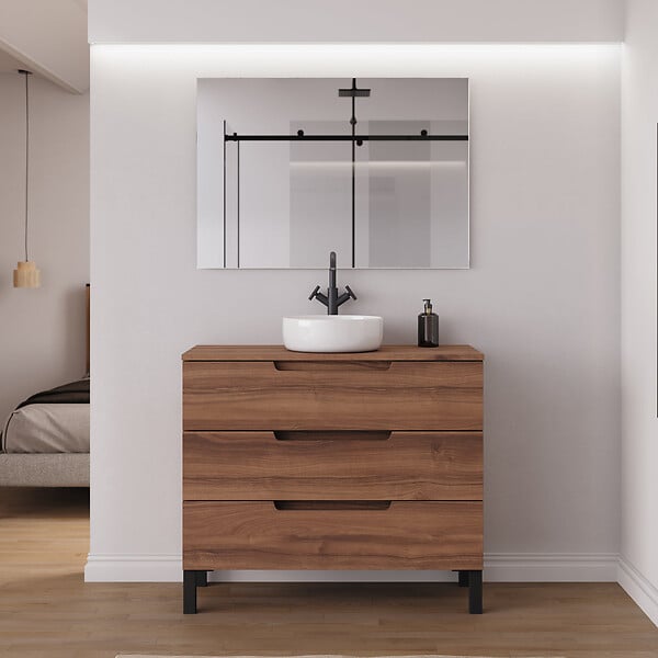 COSYNEO - Meuble de salle de bain 100cm avec plateau et vasque à poser ronde - 3 tiroirs - sans miroir - noyer (bois foncé) - RIZA - large