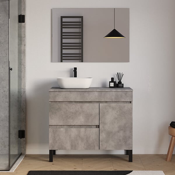 COSYNEO - Meuble de salle de bain 100cm avec plateau et vasque à poser arrondie - porte et tiroirs - ciment (gris) - LAZARO - large