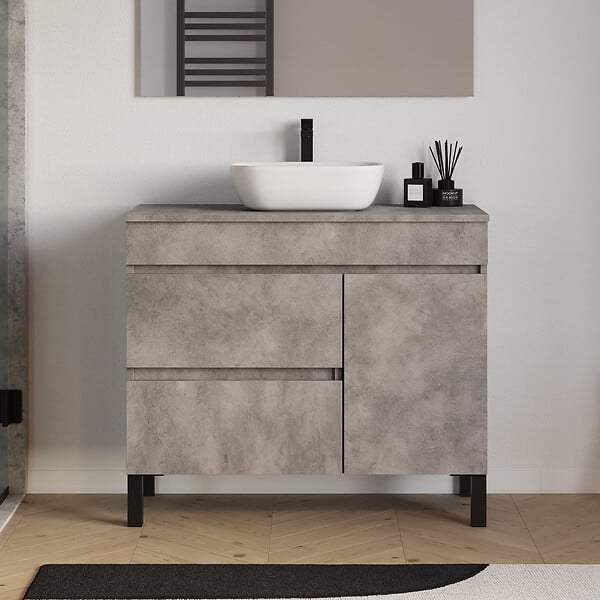 COSYNEO - Meuble de salle de bain 100cm avec plateau et vasque à poser arrondie - porte et tiroirs - ciment (gris) - LAZARO - large