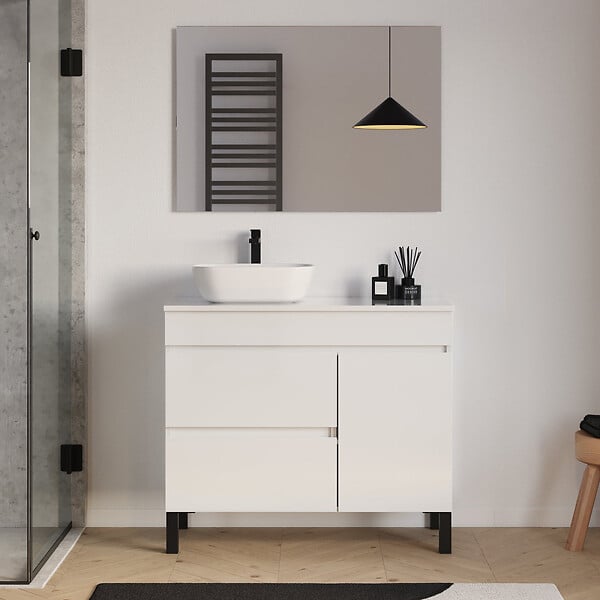 COSYNEO - Meuble de salle de bain 100cm avec plateau et vasque à poser arrondie - porte et tiroirs - blanc brillant - LAZARO - large