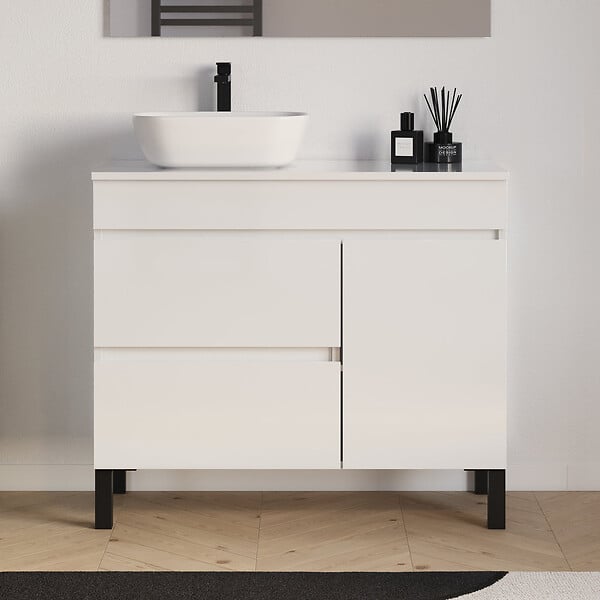 COSYNEO - Meuble de salle de bain 100cm avec plateau et vasque à poser arrondie - porte et tiroirs - blanc brillant - LAZARO - large