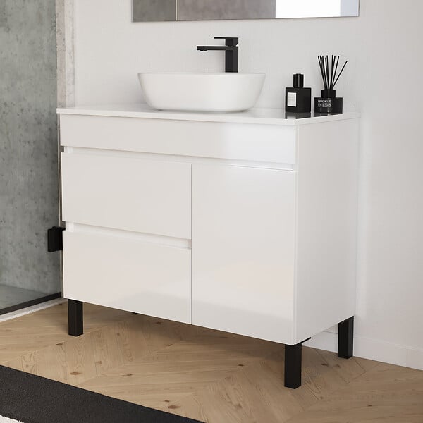 COSYNEO - Meuble de salle de bain 100cm avec plateau et vasque à poser arrondie - porte et tiroirs - blanc brillant - LAZARO - large