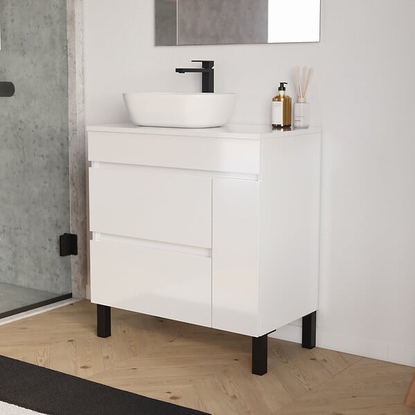 COSYNEO - Meuble de salle de bain 70cm avec plateau et vasque à poser arrondie - porte et tiroirs - sans miroir - blanc brillant - LAZARO - large